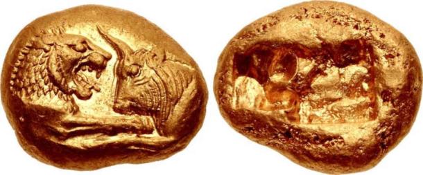 Gold coin of Croesus, Lydian, around 550 BC, found in what is now modern Turkey. (Classical Numismatic Group/CC BY-SA 3.0)